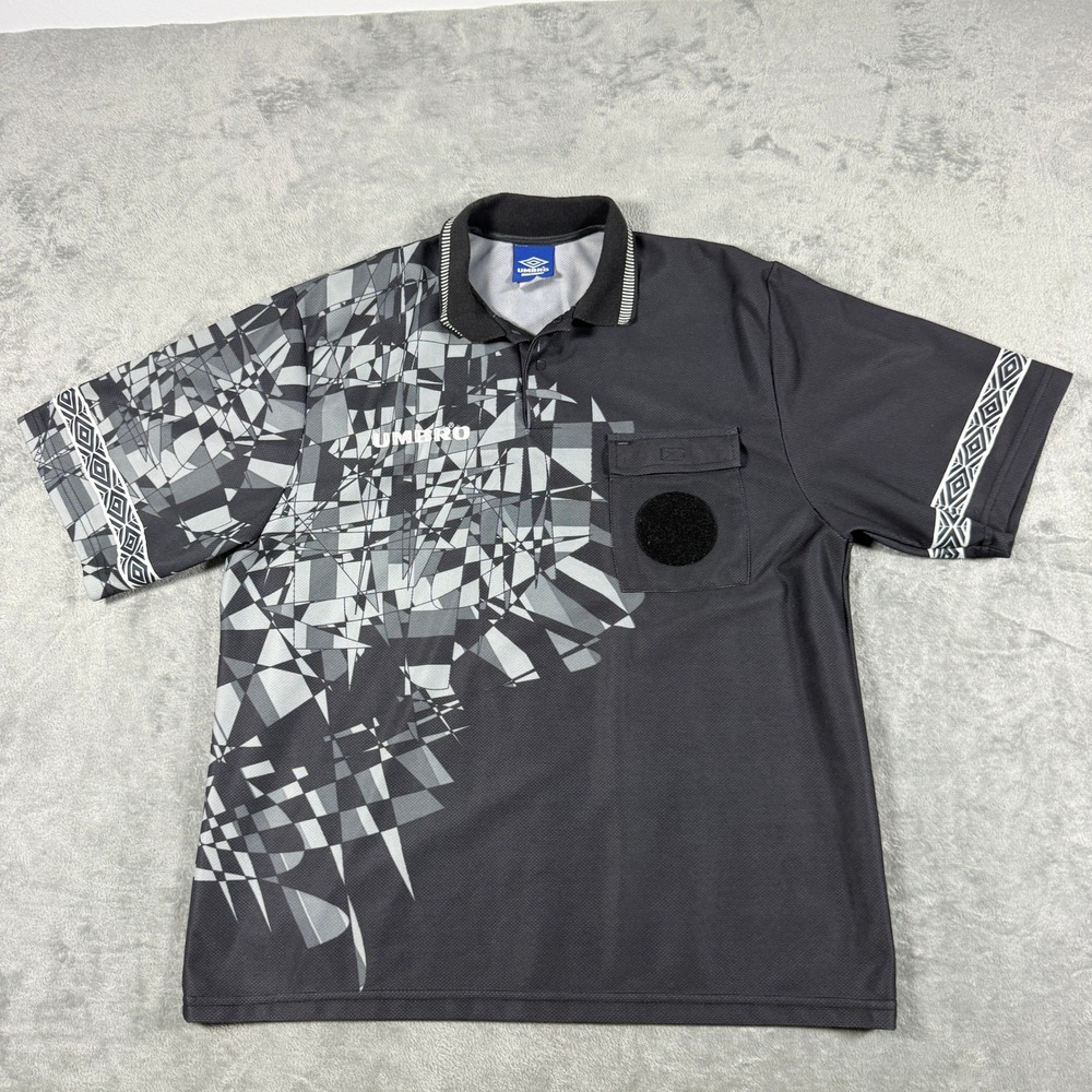 VTG Umbro Mens Large Soccer Jersey Black Grey Abstract AOP Referee Polo USA Made